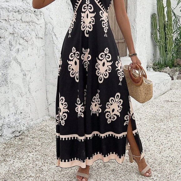 Black Boho Women's Floral Print Split Thigh Cami Dress - Picture 5 of 6